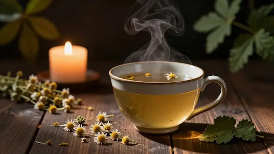 저녁 시간대 herbaltea 한 잔과 카모마일 허브가 놓인 어두운 나무 테이